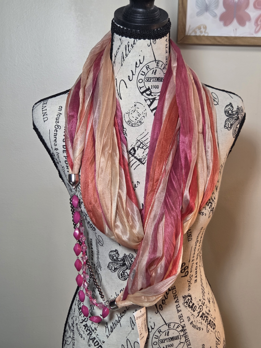 dressbarn Pink Peach Coral Infinity Scarf with Beaded Accent